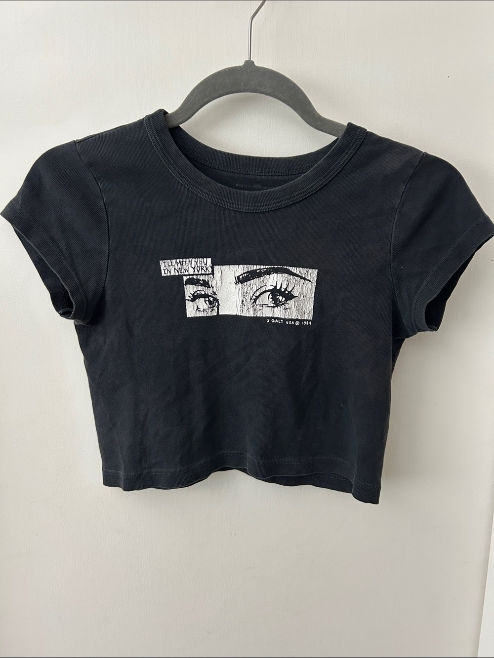 Brandy Melville I’ll Meet You in New York Black Crop Top with White Graphic Eyes
